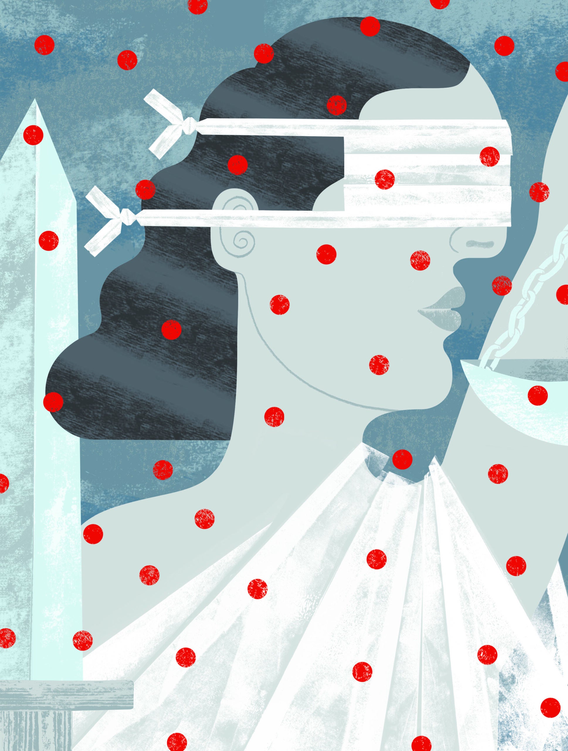 An illustration of Lady Justice in white blindfolded with a mask to prevent COVID which is represented by red dots scattered around